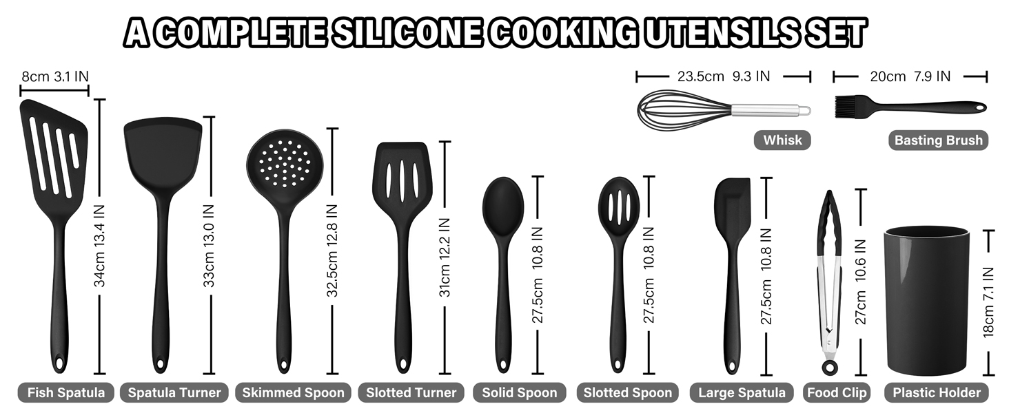 HaWare 11 PCS Silicone Cooking Utensils Set, Heat Resistant Kitchen Utensils with Holder, Food-grade Spatula Sets for Nonstick Cookware, Kitchen Tools Gadgets Include Fish Turner, Spoon (Black)