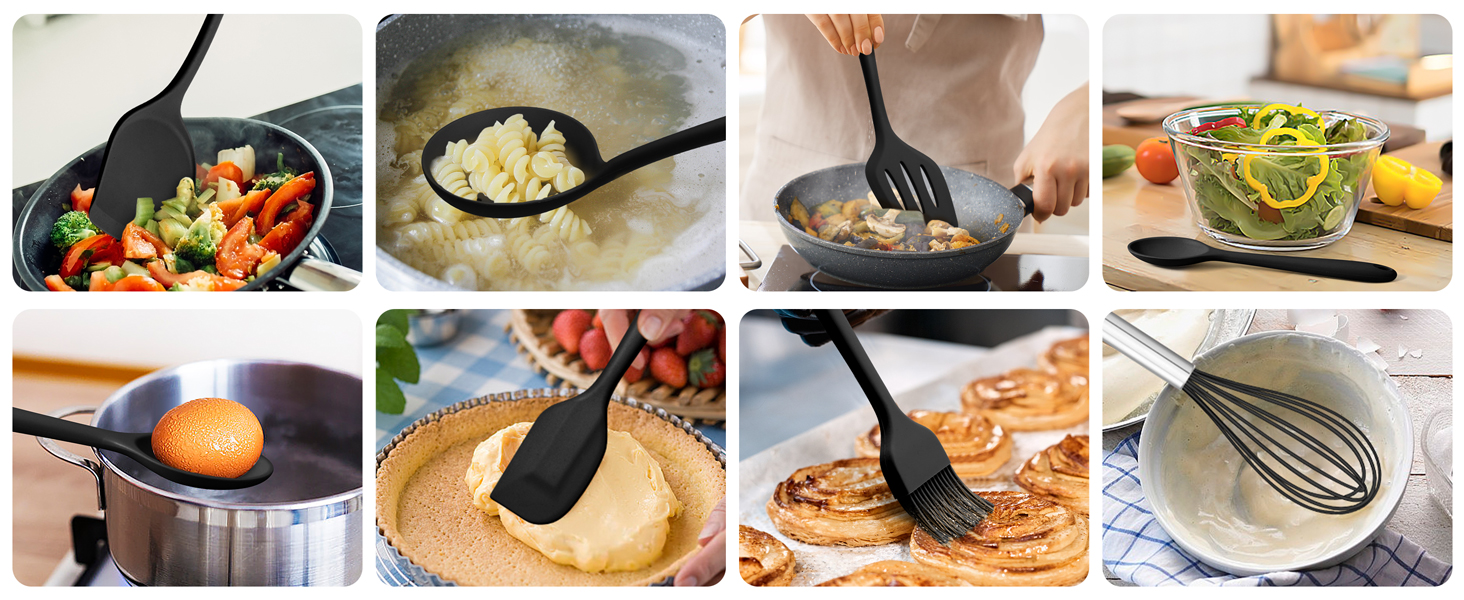 HaWare 11 PCS Silicone Cooking Utensils Set, Heat Resistant Kitchen Utensils with Holder, Food-grade Spatula Sets for Nonstick Cookware, Kitchen Tools Gadgets Include Fish Turner, Spoon (Black)