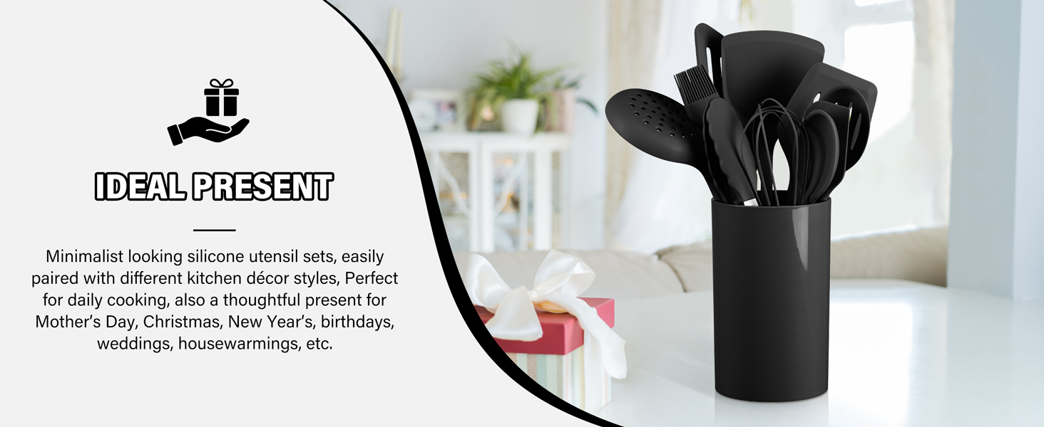 HaWare 11 PCS Silicone Cooking Utensils Set, Heat Resistant Kitchen Utensils with Holder, Food-grade Spatula Sets for Nonstick Cookware, Kitchen Tools Gadgets Include Fish Turner, Spoon (Black)