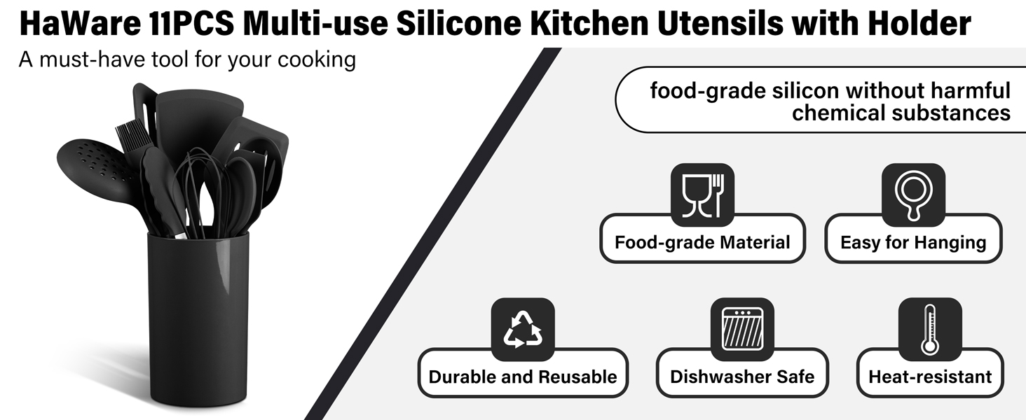 HaWare 11 PCS Silicone Cooking Utensils Set, Heat Resistant Kitchen Utensils with Holder, Food-grade Spatula Sets for Nonstick Cookware, Kitchen Tools Gadgets Include Fish Turner, Spoon (Black)