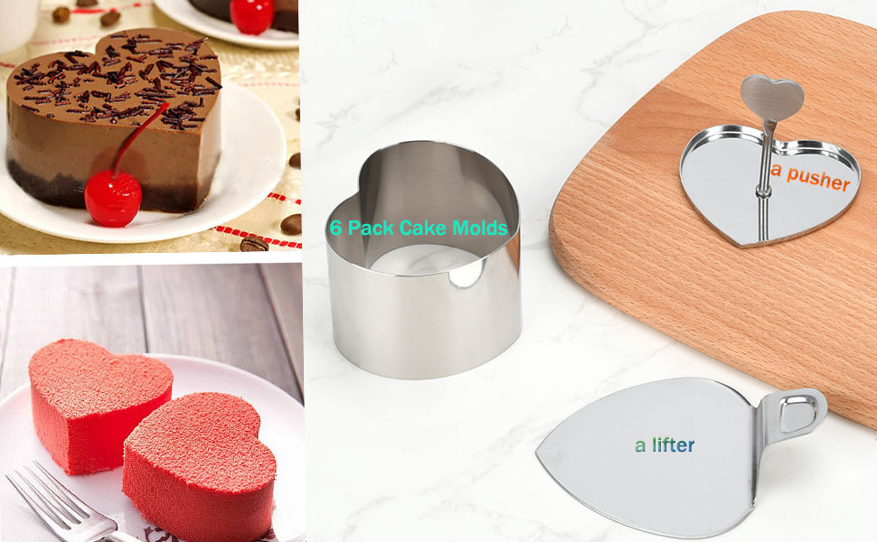 6 Pack Cake Ring Molds with 1 Pusher 1 Lifter, 3 Inch Seamless Mini Cheese Cake Cutter Ring Set, Stainless Steel Mini Food Mold for Mousse, Food Plating, Cookies, Baking (Round)