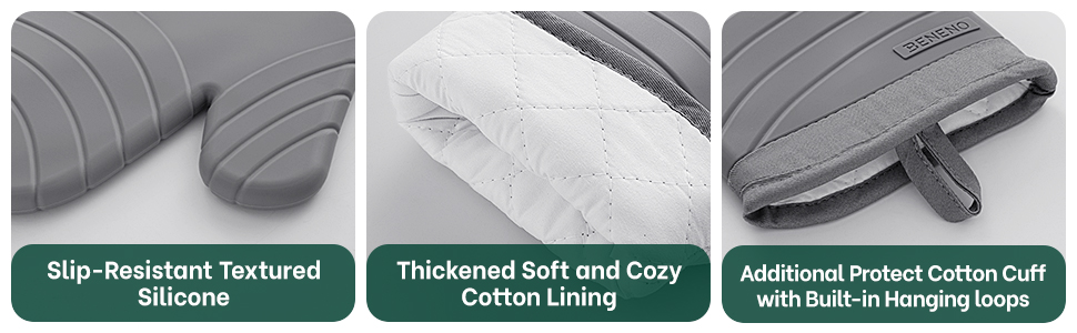 Beneno BPA-Free Silicone Oven Mitt 2-Pack Set, Heat Resistant 500°F Oven Mitts with Non-Slip Grip, Soft Thicker Lining, 7