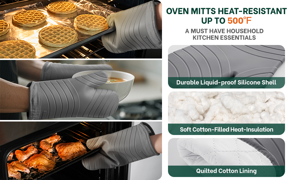 Beneno BPA-Free Silicone Oven Mitt 2-Pack Set, Heat Resistant 500°F Oven Mitts with Non-Slip Grip, Soft Thicker Lining, 7