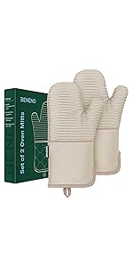 Beneno BPA-Free Silicone Oven Mitt 2-Pack Set, Heat Resistant 500°F Oven Mitts with Non-Slip Grip, Soft Thicker Lining, 7