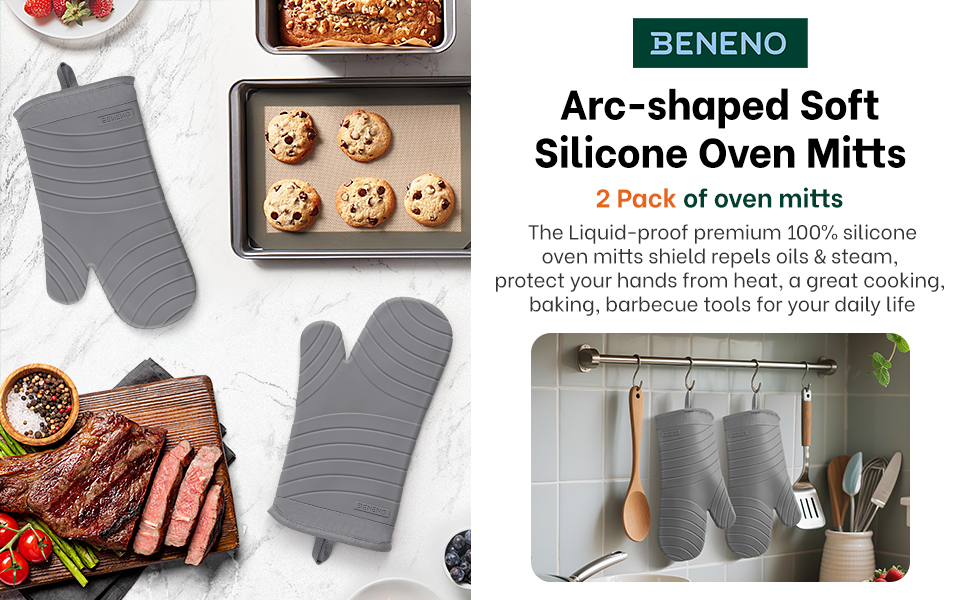 Beneno BPA-Free Silicone Oven Mitt 2-Pack Set, Heat Resistant 500°F Oven Mitts with Non-Slip Grip, Soft Thicker Lining, 7