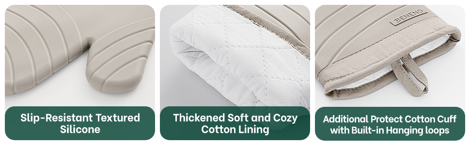 Beneno BPA-Free Silicone Oven Mitt 2-Pack Set, Heat Resistant 500°F Oven Mitts with Non-Slip Grip, Soft Thicker Lining, 7