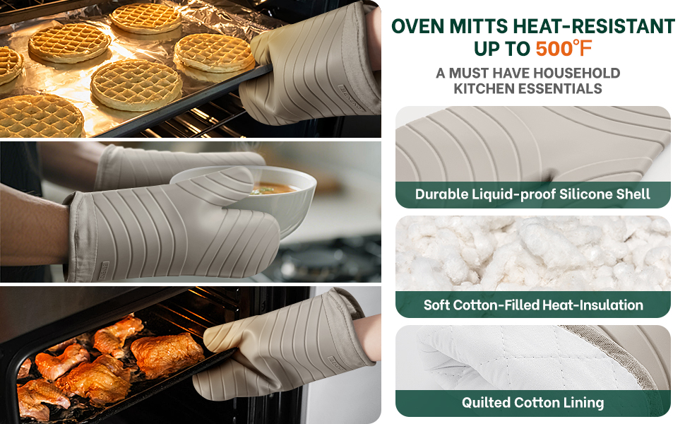 Beneno BPA-Free Silicone Oven Mitt 2-Pack Set, Heat Resistant 500°F Oven Mitts with Non-Slip Grip, Soft Thicker Lining, 7