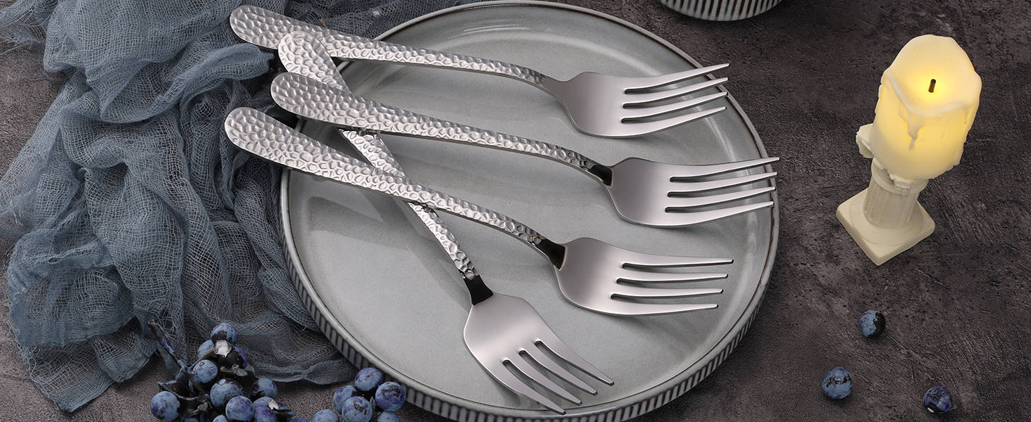E-far Hammered Serving Forks, 4-Piece Stainless Steel Hostess Serving Utensils Set for Meat Catering Buffet Party Kitchen Restaurant, Non-toxic & Dishwasher Safe