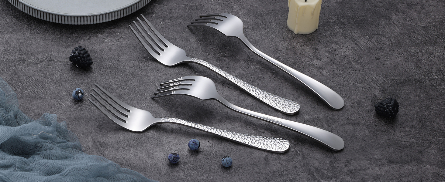 E-far Hammered Serving Forks, 4-Piece Stainless Steel Hostess Serving Utensils Set for Meat Catering Buffet Party Kitchen Restaurant, Non-toxic & Dishwasher Safe