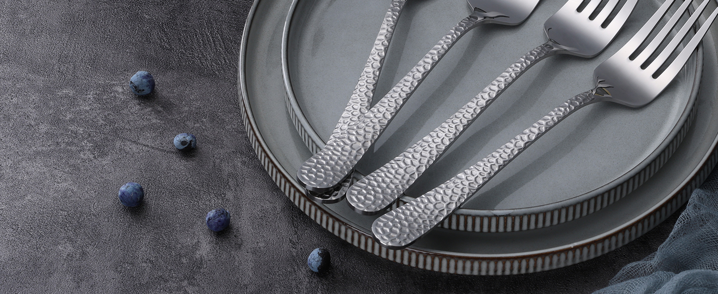 E-far Hammered Serving Forks, 4-Piece Stainless Steel Hostess Serving Utensils Set for Meat Catering Buffet Party Kitchen Restaurant, Non-toxic & Dishwasher Safe