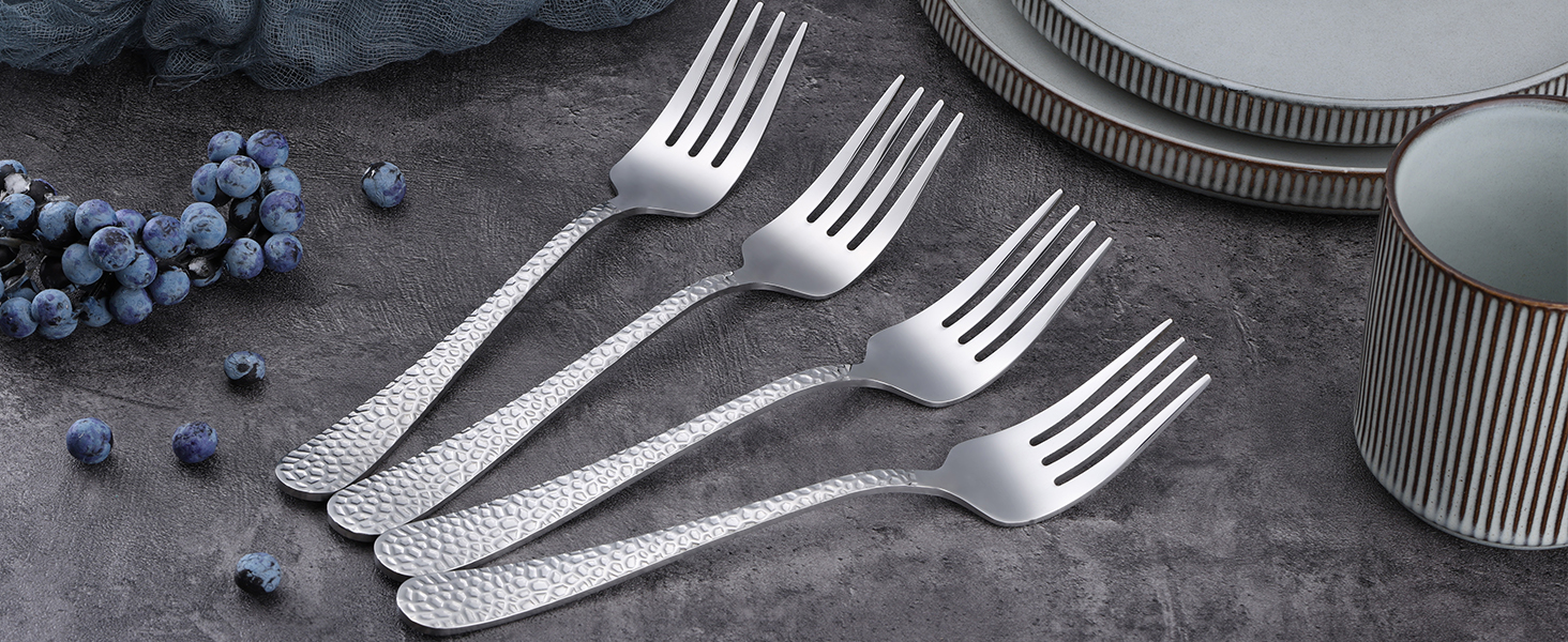 E-far Hammered Serving Forks, 4-Piece Stainless Steel Hostess Serving Utensils Set for Meat Catering Buffet Party Kitchen Restaurant, Non-toxic & Dishwasher Safe