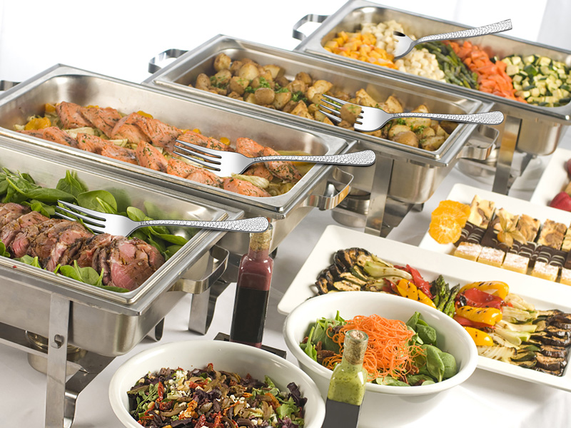 E-far Hammered Serving Forks, 4-Piece Stainless Steel Hostess Serving Utensils Set for Meat Catering Buffet Party Kitchen Restaurant, Non-toxic & Dishwasher Safe