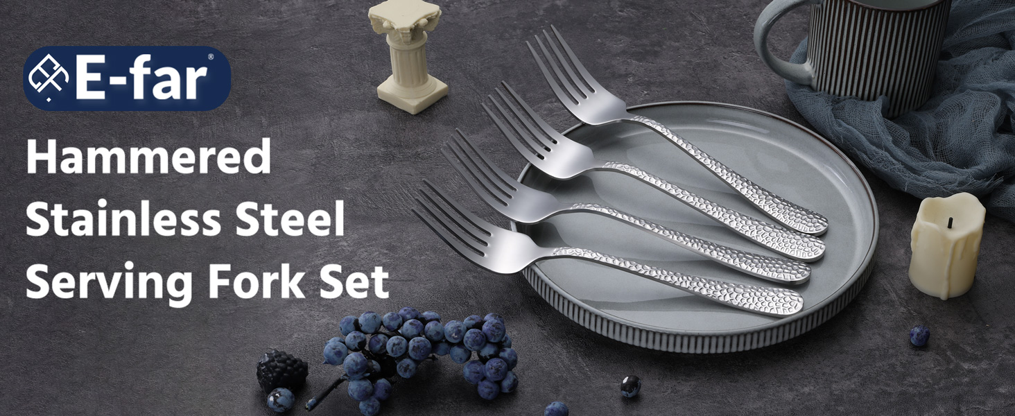 E-far Hammered Serving Forks, 4-Piece Stainless Steel Hostess Serving Utensils Set for Meat Catering Buffet Party Kitchen Restaurant, Non-toxic & Dishwasher Safe