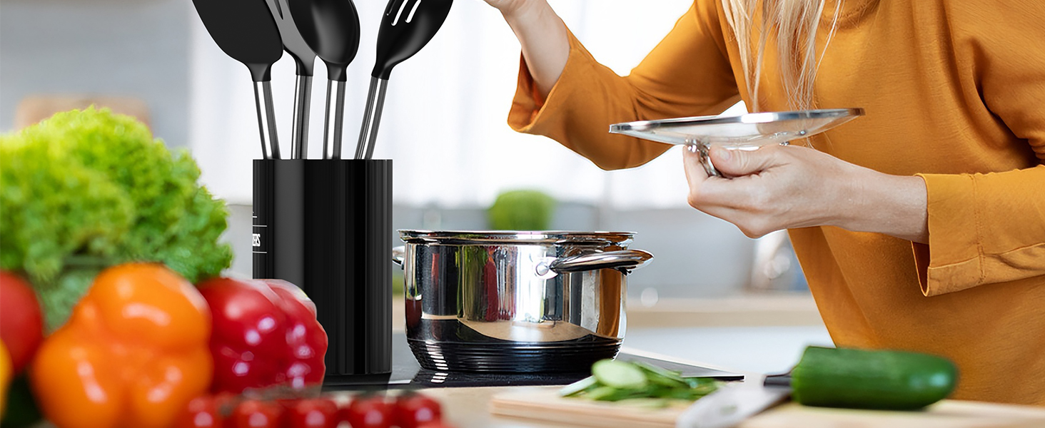 Yoehka Silicone Cooking Utensils Set for Nonstick Cookware, 4Pcs Heat Resistant Kitchen Silicone Spatula and Spoon Set with Stainless Steel Handle, Mixing, Flipping, Turning, Stirring, Black