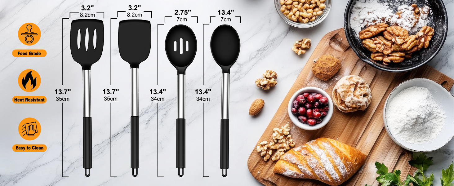 Yoehka Silicone Cooking Utensils Set for Nonstick Cookware, 4Pcs Heat Resistant Kitchen Silicone Spatula and Spoon Set with Stainless Steel Handle, Mixing, Flipping, Turning, Stirring, Black