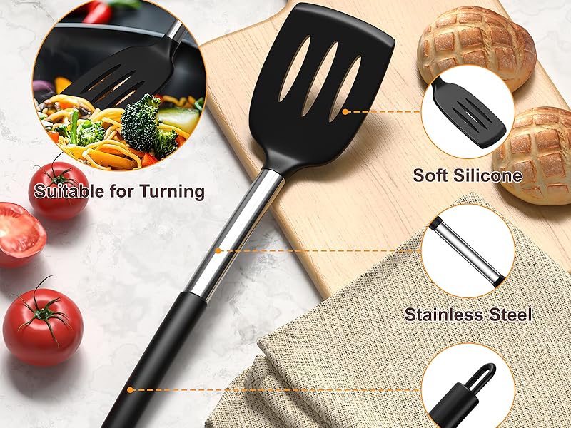 Yoehka Silicone Cooking Utensils Set for Nonstick Cookware, 4Pcs Heat Resistant Kitchen Silicone Spatula and Spoon Set with Stainless Steel Handle, Mixing, Flipping, Turning, Stirring, Black