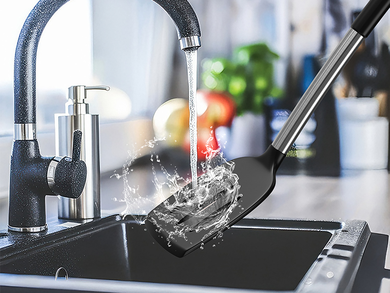 Yoehka Silicone Cooking Utensils Set for Nonstick Cookware, 4Pcs Heat Resistant Kitchen Silicone Spatula and Spoon Set with Stainless Steel Handle, Mixing, Flipping, Turning, Stirring, Black