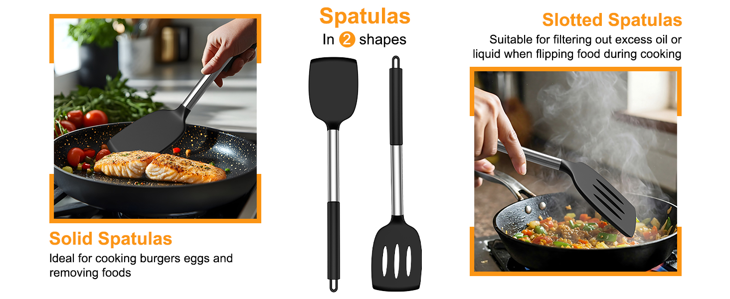 Yoehka Silicone Cooking Utensils Set for Nonstick Cookware, 4Pcs Heat Resistant Kitchen Silicone Spatula and Spoon Set with Stainless Steel Handle, Mixing, Flipping, Turning, Stirring, Black