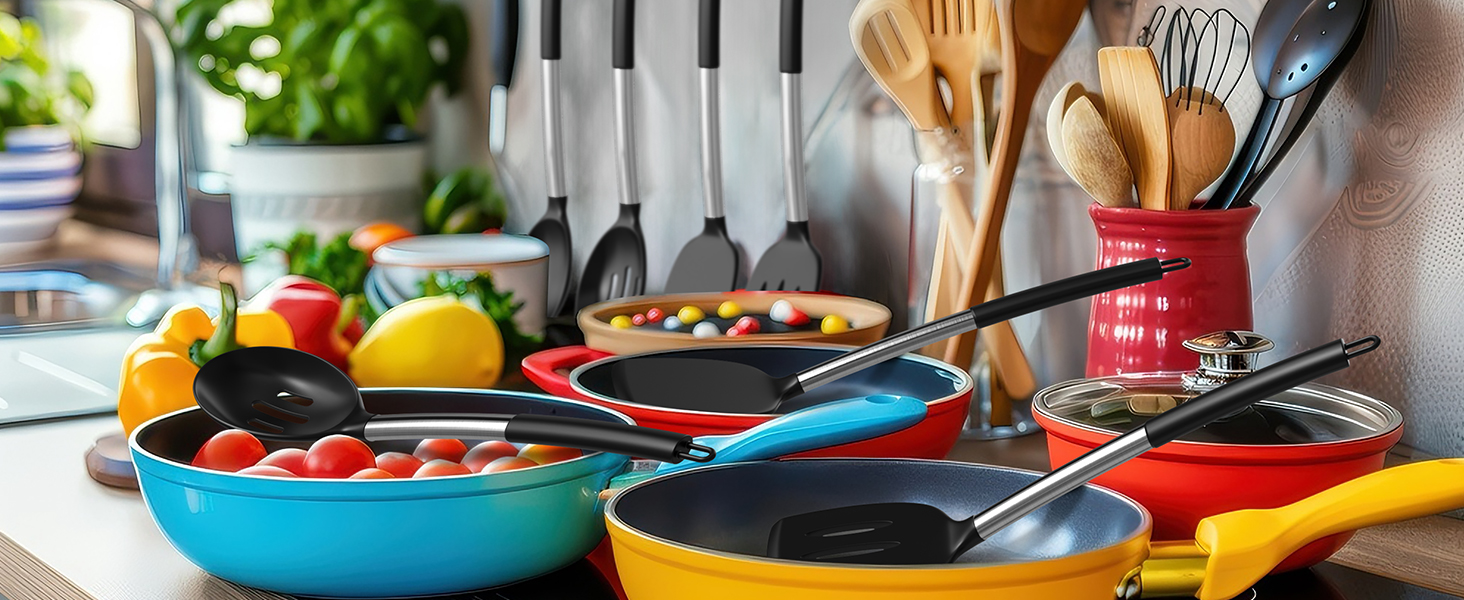 Yoehka Silicone Cooking Utensils Set for Nonstick Cookware, 4Pcs Heat Resistant Kitchen Silicone Spatula and Spoon Set with Stainless Steel Handle, Mixing, Flipping, Turning, Stirring, Black