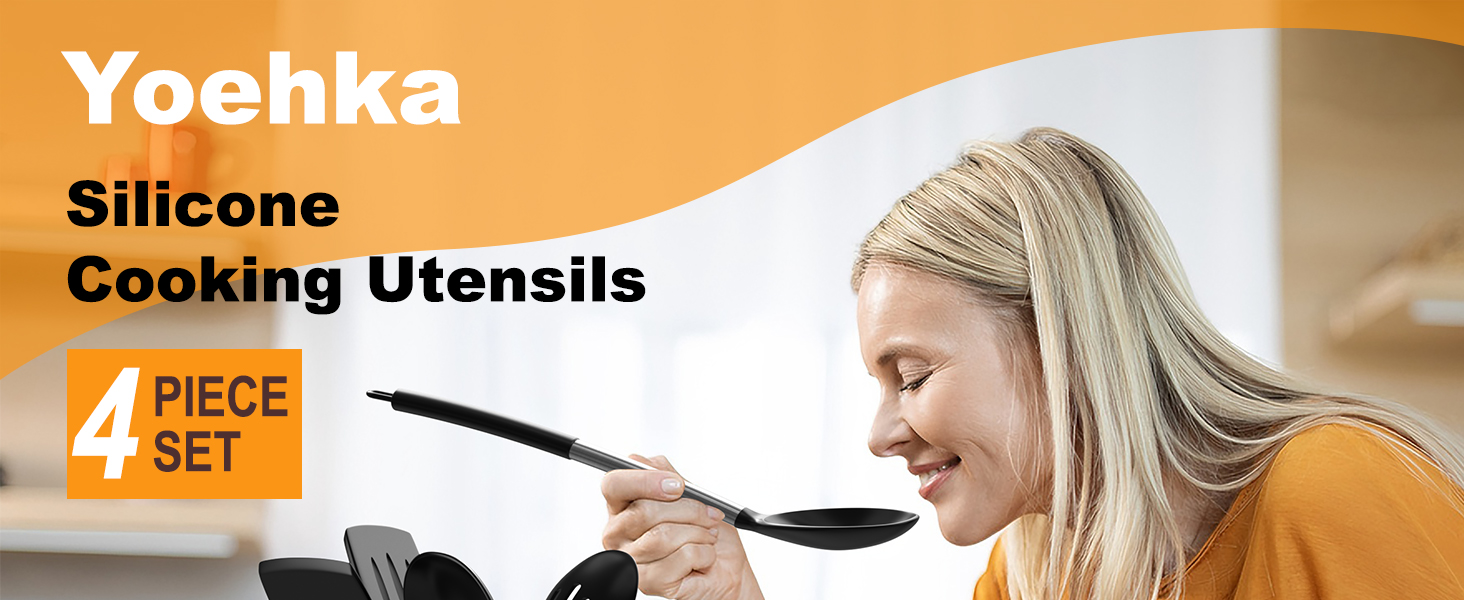 Yoehka Silicone Cooking Utensils Set for Nonstick Cookware, 4Pcs Heat Resistant Kitchen Silicone Spatula and Spoon Set with Stainless Steel Handle, Mixing, Flipping, Turning, Stirring, Black