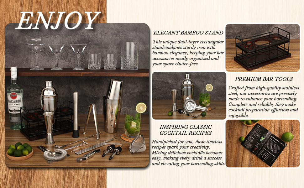 Boston Cocktail Shaker Set with Stand, 20-Piece Complete Bartender Kit for Home Bar Use, Essential Bar Set with 18oz & 28oz Tin Shaker, Bar Accessories and Recipes, Ideal for Parties & Gift Giving