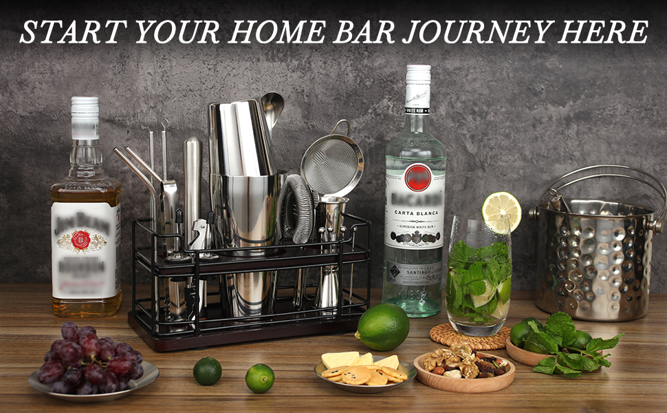 Boston Cocktail Shaker Set with Stand, 20-Piece Complete Bartender Kit for Home Bar Use, Essential Bar Set with 18oz & 28oz Tin Shaker, Bar Accessories and Recipes, Ideal for Parties & Gift Giving