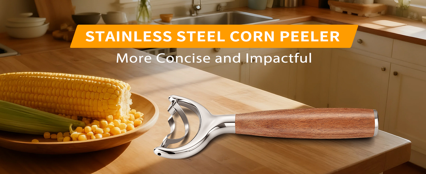 KULUNER Durable Stainless Steel Corn Peeler with Polished Wood Handle Corn on the Cob Stripper Kernel Remover Easy Use Corn Kernel Cutter Kitchen Gadget（Rosewood）
