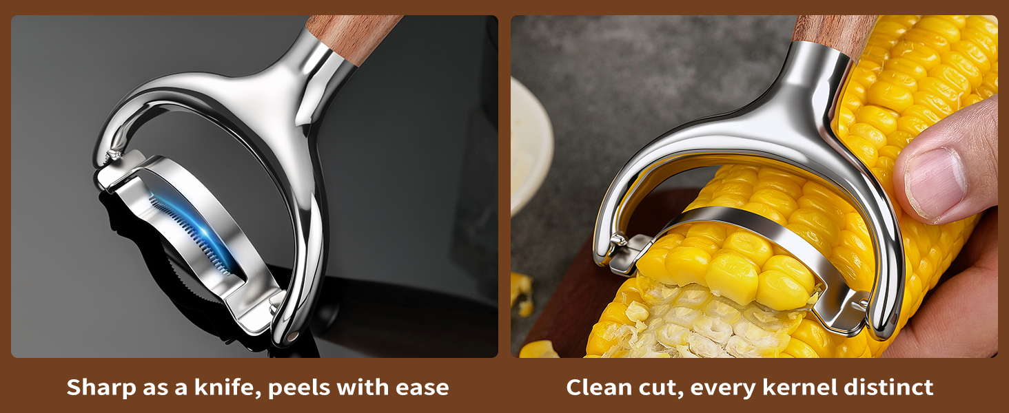 KULUNER Durable Stainless Steel Corn Peeler with Polished Wood Handle Corn on the Cob Stripper Kernel Remover Easy Use Corn Kernel Cutter Kitchen Gadget（Rosewood）
