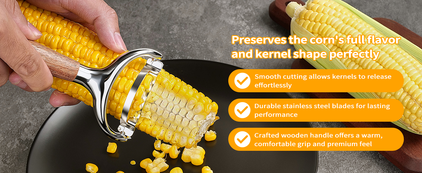 KULUNER Durable Stainless Steel Corn Peeler with Polished Wood Handle Corn on the Cob Stripper Kernel Remover Easy Use Corn Kernel Cutter Kitchen Gadget（Rosewood）