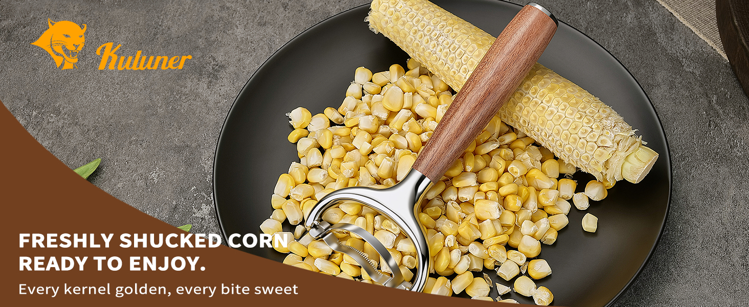 KULUNER Durable Stainless Steel Corn Peeler with Polished Wood Handle Corn on the Cob Stripper Kernel Remover Easy Use Corn Kernel Cutter Kitchen Gadget（Rosewood）