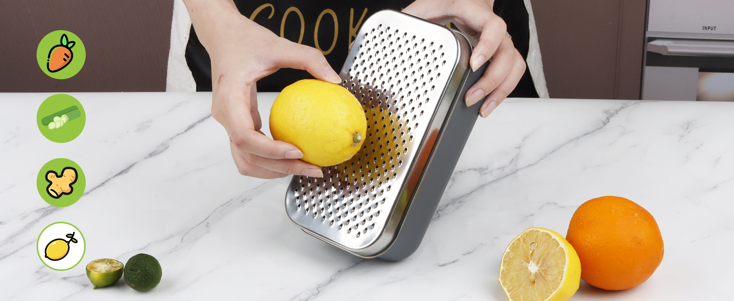 Cheese Grater Citrus Lemon Zester with Food Storage Container & Lid - Perfect For Hard Parmesan Or Soft Cheddar Cheeses, Ginger, Vegetables, Butter, Chocolate & Nutmeg, Gray