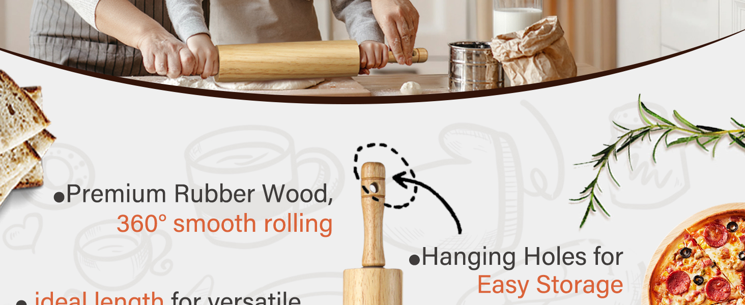 KARRYOUNG Rubber Wood Rolling Pin for Baking, Kitchen Dough Roller With Handles, Rodillo Para Masa, Rolling Pin for Dough, Pizza,Bread, Fondant & Tortilla