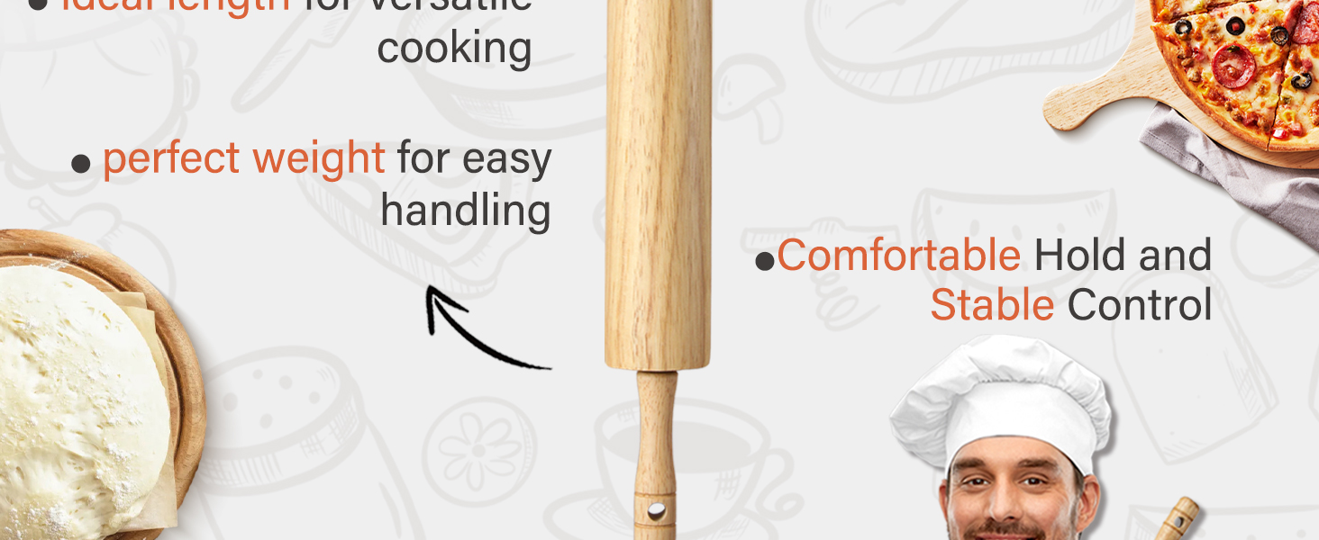 KARRYOUNG Rubber Wood Rolling Pin for Baking, Kitchen Dough Roller With Handles, Rodillo Para Masa, Rolling Pin for Dough, Pizza,Bread, Fondant & Tortilla