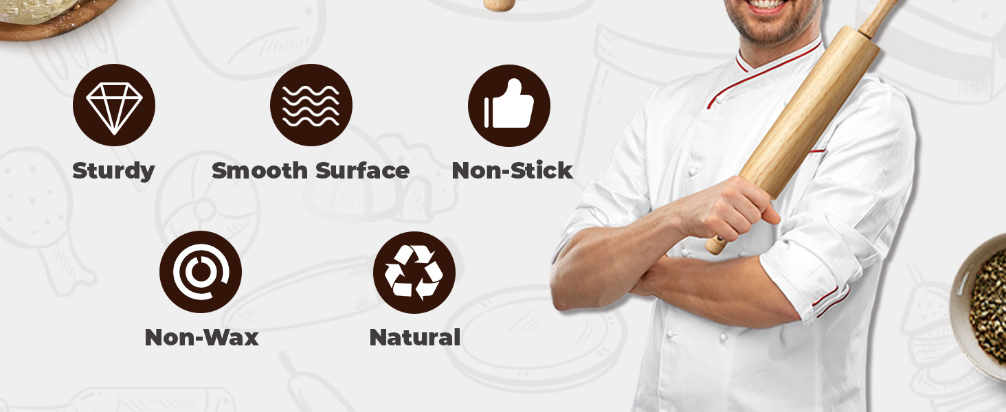 KARRYOUNG Rubber Wood Rolling Pin for Baking, Kitchen Dough Roller With Handles, Rodillo Para Masa, Rolling Pin for Dough, Pizza,Bread, Fondant & Tortilla