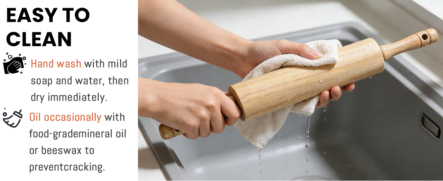 KARRYOUNG Rubber Wood Rolling Pin for Baking, Kitchen Dough Roller With Handles, Rodillo Para Masa, Rolling Pin for Dough, Pizza,Bread, Fondant & Tortilla