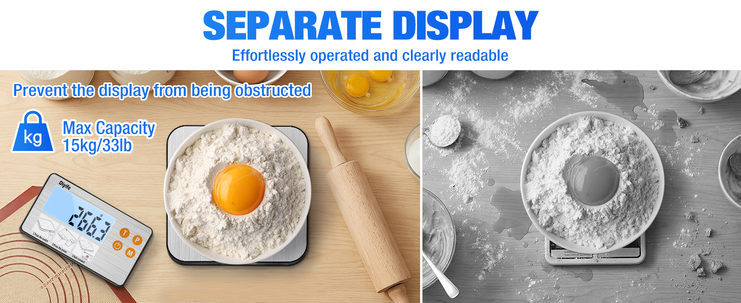 Rechargeable Split Food Scale, Diyife 33lb Digital Kitchen Scales with Split Display, 1g/0.1oz High Accurate, Food-Grade 304 Stainless Steel, 7 Units, Backlit LCD, for Cooking, Baking, Meal Prep