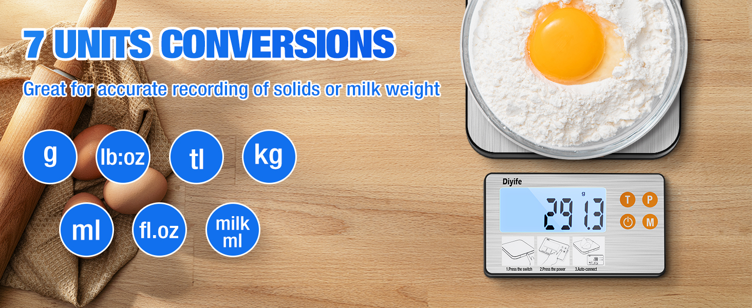 Rechargeable Split Food Scale, Diyife 33lb Digital Kitchen Scales with Split Display, 1g/0.1oz High Accurate, Food-Grade 304 Stainless Steel, 7 Units, Backlit LCD, for Cooking, Baking, Meal Prep