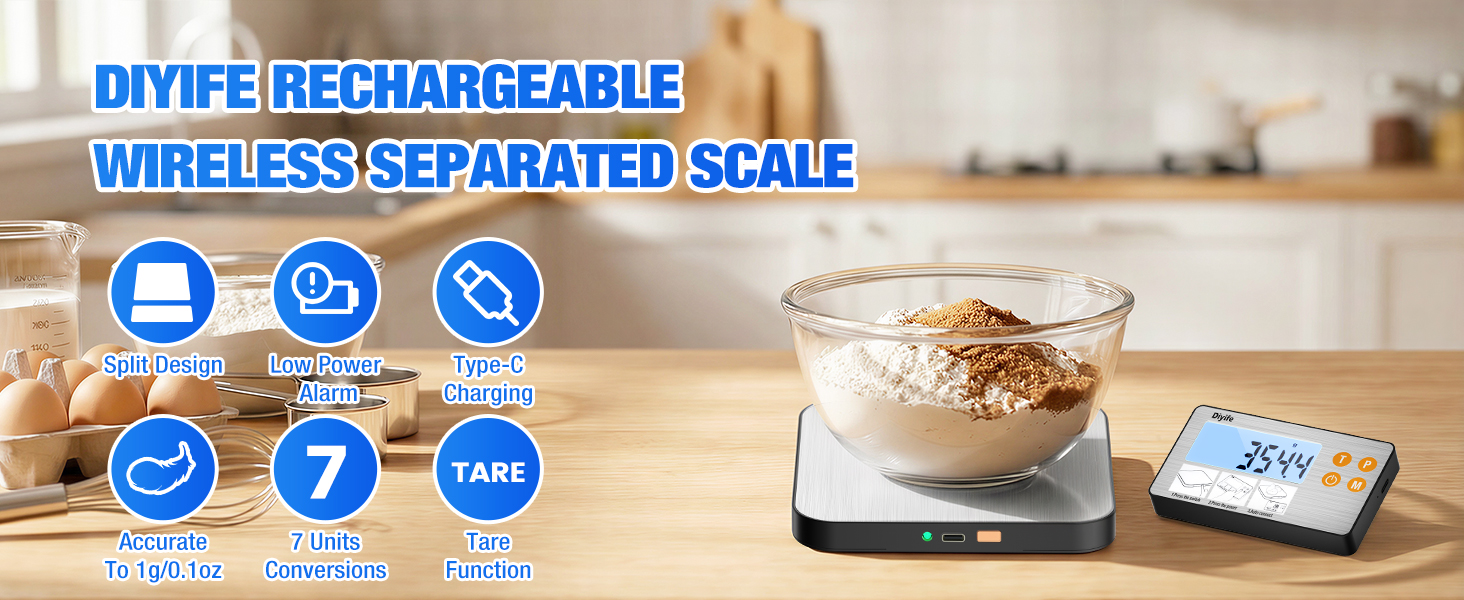 Rechargeable Split Food Scale, Diyife 33lb Digital Kitchen Scales with Split Display, 1g/0.1oz High Accurate, Food-Grade 304 Stainless Steel, 7 Units, Backlit LCD, for Cooking, Baking, Meal Prep