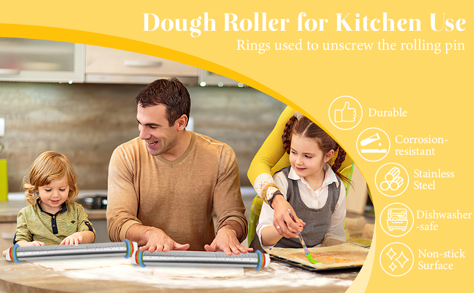 Adjustable Rolling Pin with 4 Thickness Rings for Baking, 17” Stainless Steel Dough Roller with Clear Measurement Markings for Pizza, Fondant, Pie, Cookies, Baking Supplies, Pastry, Pasta