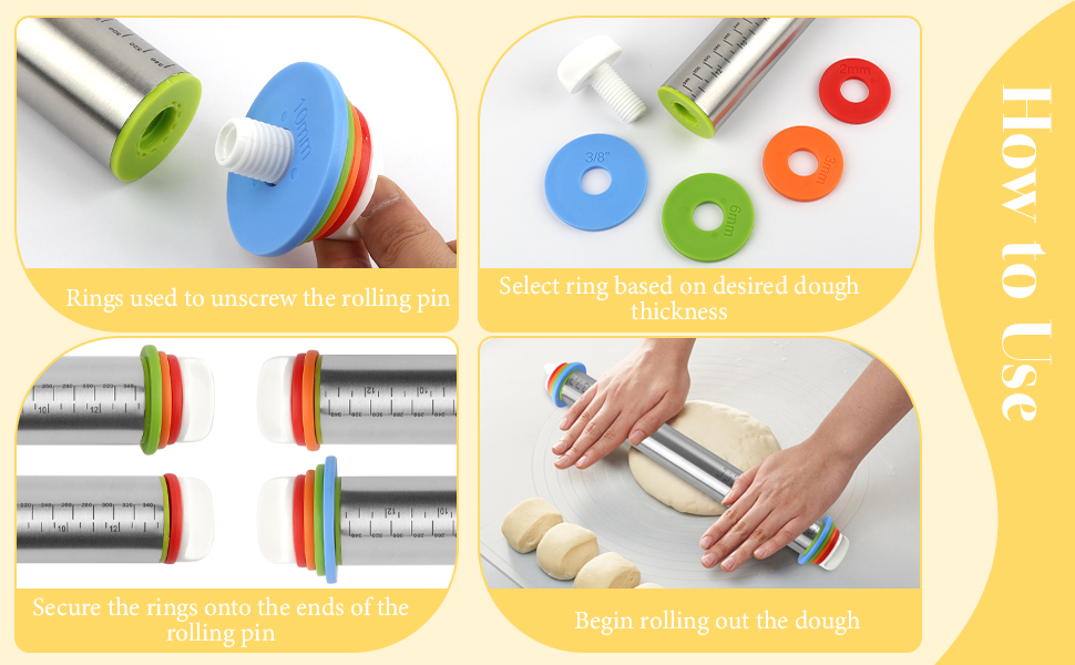 Adjustable Rolling Pin with 4 Thickness Rings for Baking, 17” Stainless Steel Dough Roller with Clear Measurement Markings for Pizza, Fondant, Pie, Cookies, Baking Supplies, Pastry, Pasta