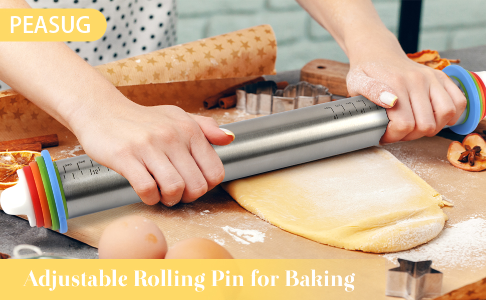 Adjustable Rolling Pin with 4 Thickness Rings for Baking, 17” Stainless Steel Dough Roller with Clear Measurement Markings for Pizza, Fondant, Pie, Cookies, Baking Supplies, Pastry, Pasta