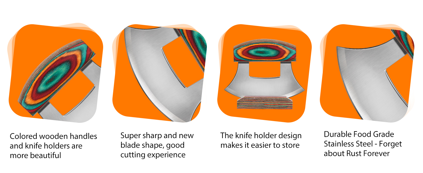 Pizza Cutter Rocker Knife, Sharp Ulu Knife with Wooden handle, Stainless Steel Blade Mincing Knives with Colored Wood Stand
