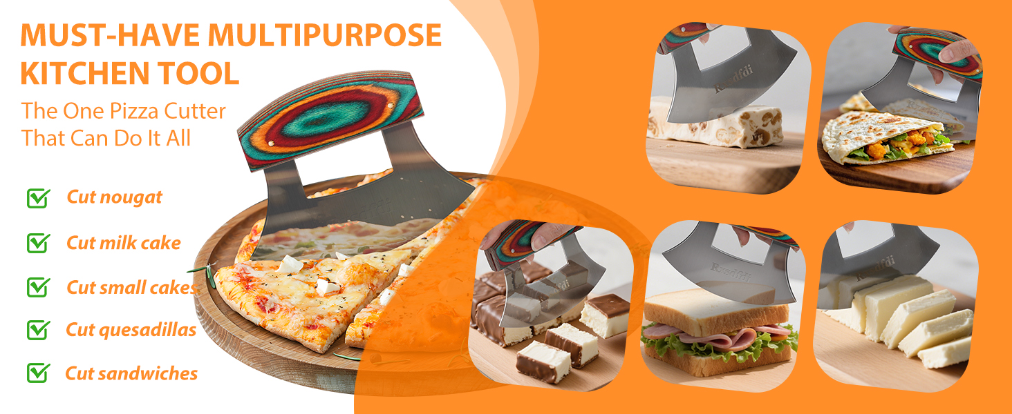 Pizza Cutter Rocker Knife, Sharp Ulu Knife with Wooden handle, Stainless Steel Blade Mincing Knives with Colored Wood Stand