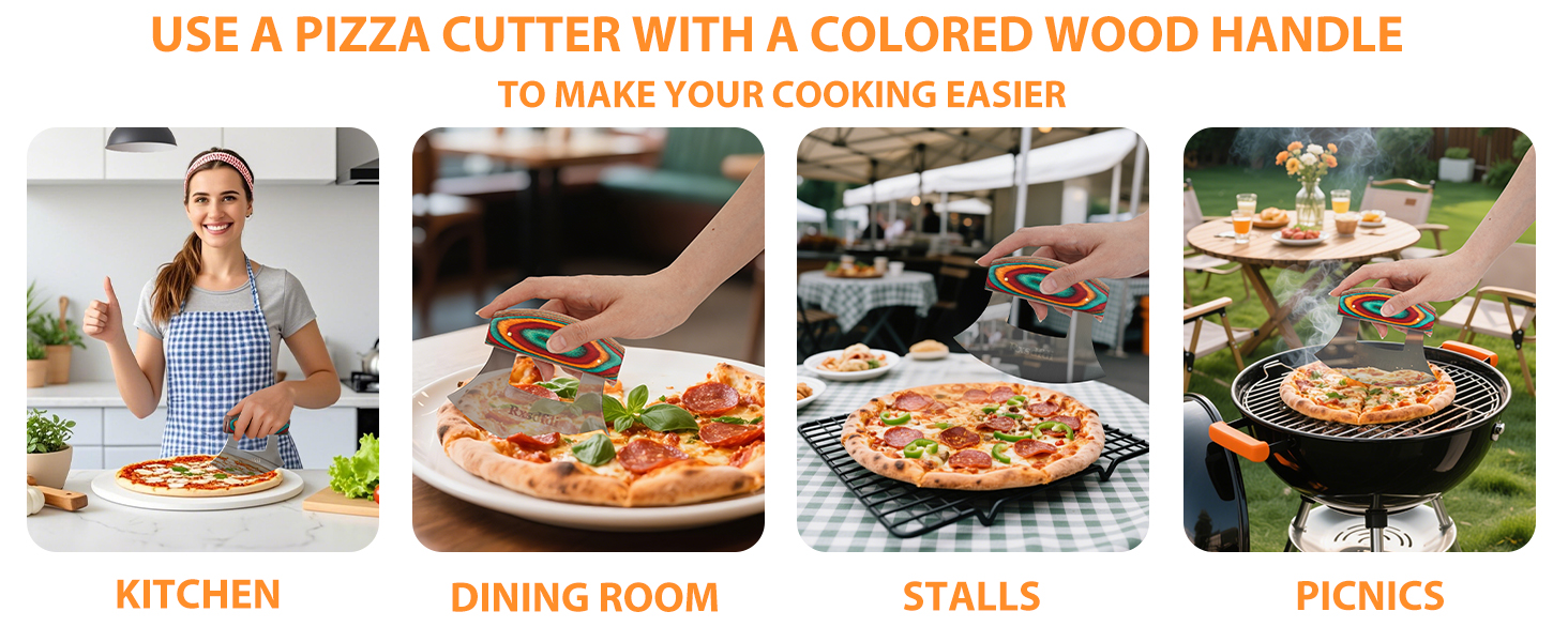 Pizza Cutter Rocker Knife, Sharp Ulu Knife with Wooden handle, Stainless Steel Blade Mincing Knives with Colored Wood Stand