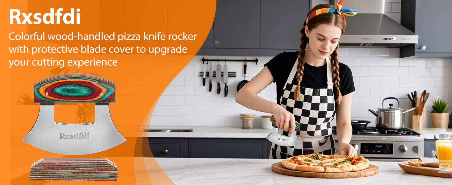 Pizza Cutter Rocker Knife, Sharp Ulu Knife with Wooden handle, Stainless Steel Blade Mincing Knives with Colored Wood Stand
