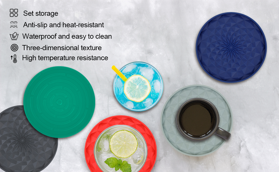 Silicone Coasters Set for Table [6 Pack] - Cup Drink Coasters for Home Kitchen Dining Decor