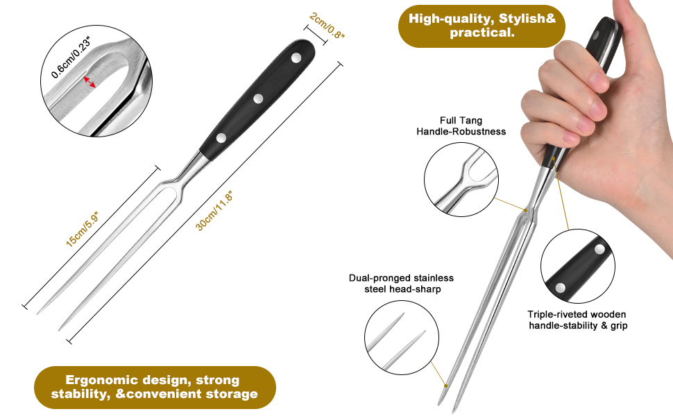 Heavy-Duty Stainless Steel Carving Fork with Black Wood-Sheathed Handle – Ideal for Turkey, Beef, Ham, BBQ, Grilling & Roasting