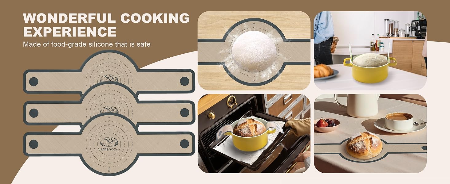 3 PCS Silicone Bread Sling for Dutch Oven Liners, Non Stick & Easy to Clean Silicone Bread Baking Mat with Extra Long Handles, Reusable Round Silicone Baking Mats to Transfer Sourdough Bread