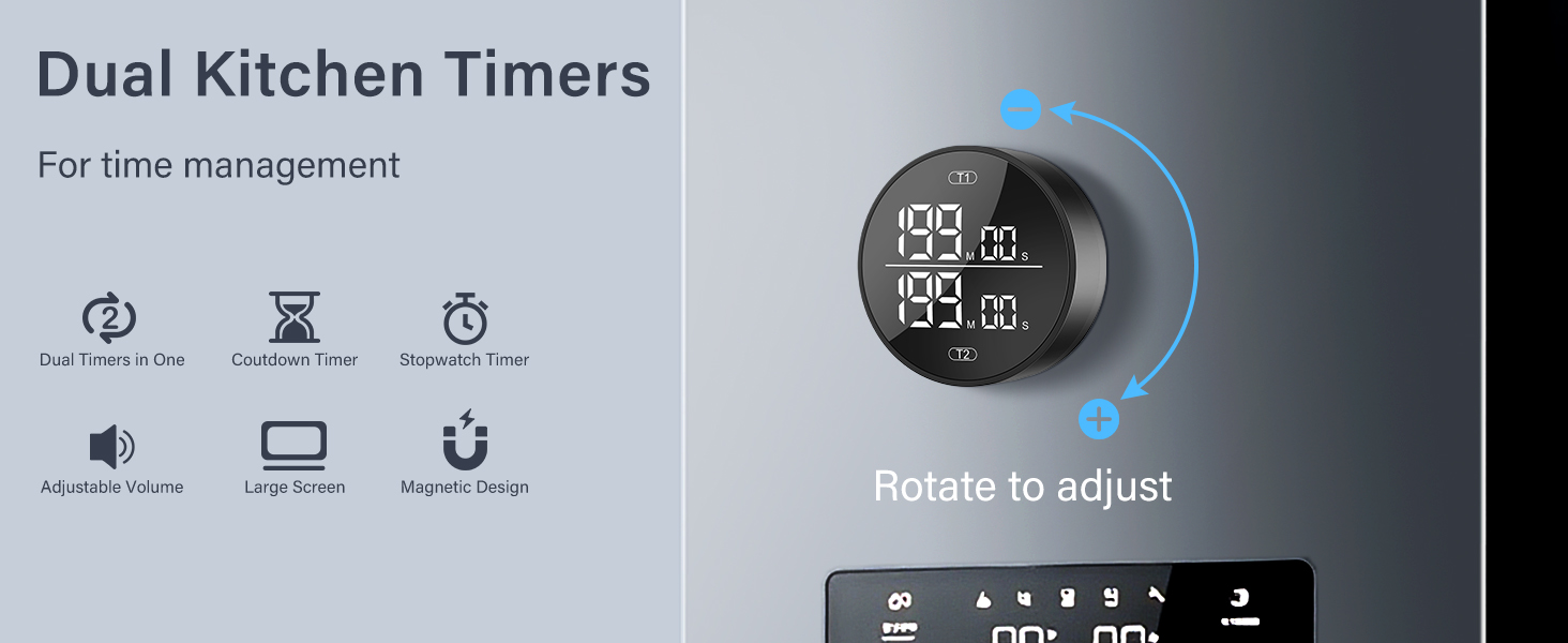 Dual Digital Kitchen Timer for Cooking, 199 Minutes Countdown & Stopwatch, Productivity Timer for Fridge, Big Digits, High-Definition Display, Rotary Adjustment, 3 Volumes, 2 Brightness Levels, Black