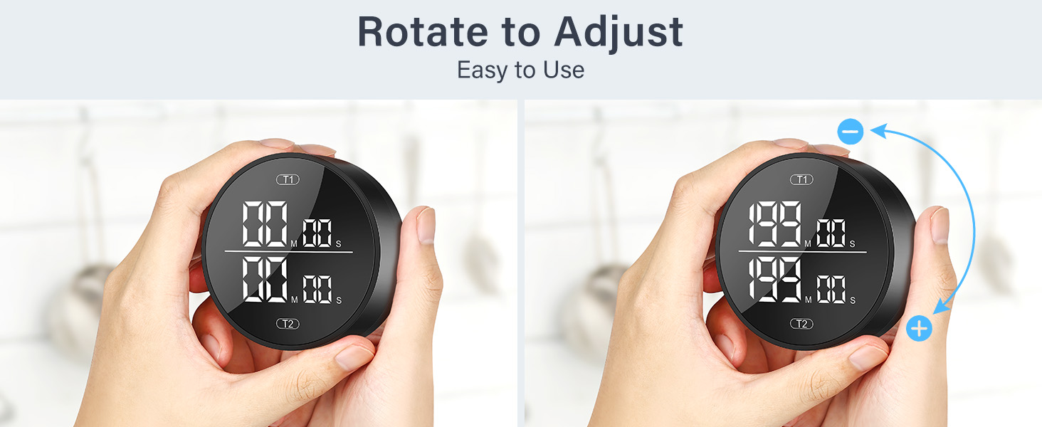 Dual Digital Kitchen Timer for Cooking, 199 Minutes Countdown & Stopwatch, Productivity Timer for Fridge, Big Digits, High-Definition Display, Rotary Adjustment, 3 Volumes, 2 Brightness Levels, Black